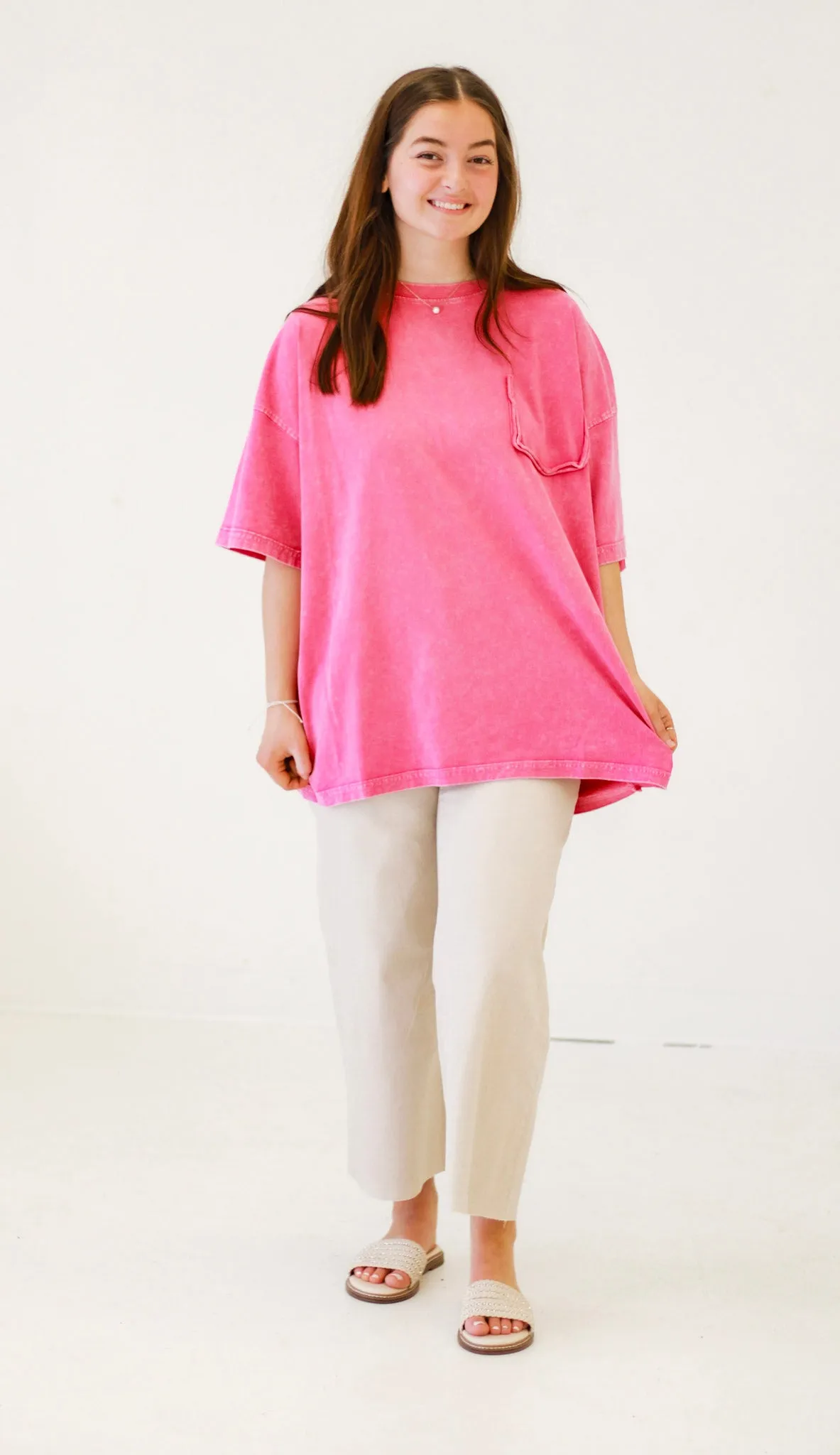 Call Me Casual Faux Pocket Tee in Candy Pink